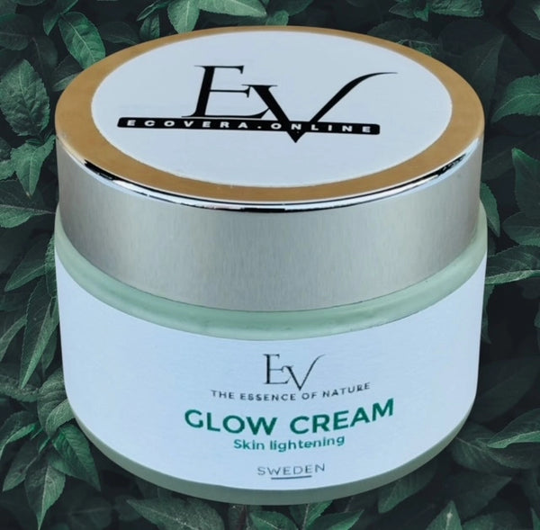 Glow Cream positioned against a vibrant natural setting, spotlighting its skin lightening and collagen-boosting features enriched with Hyaluronic Acid and Niacinamide.