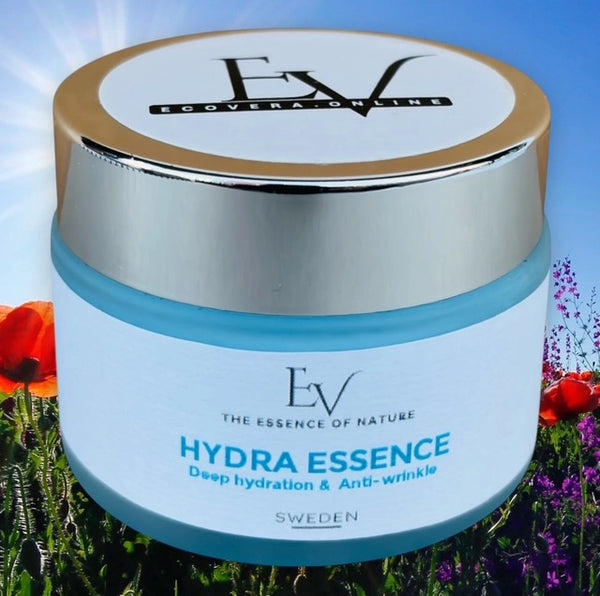 Hydra Essence Face Cream showcased with a serene natural backdrop, emphasising its deep hydrating properties and suitability for enhancing skin tone and texture.